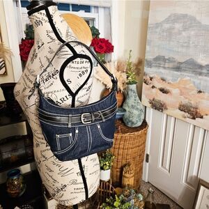 Y2K Ditsy Buckle Detail Dark Blue Denim Shoulder Bag.
